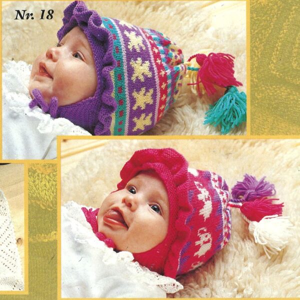 Ungbarnahúfa með fíla eða bangsa munstri og pífu